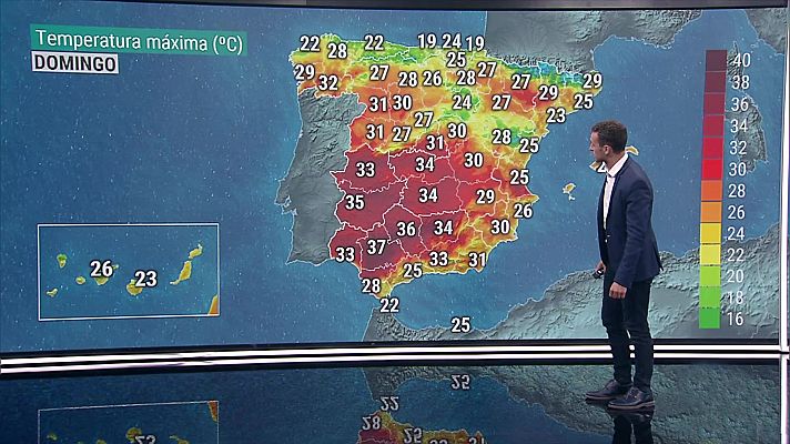 Temperaturas máximas en descenso en el Galicia, Cantábrico, alto Ebro y Pirineos; en ascenso en el resto del país