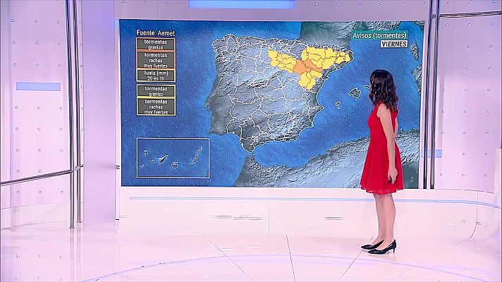 Temperaturas altas en Canarias y los valles del Guadalquivir y del Guadiana. Chubascos y tormentas que podrán ser localmente fuertes en el entorno del sistema Ibérico oriental y en Pirineos