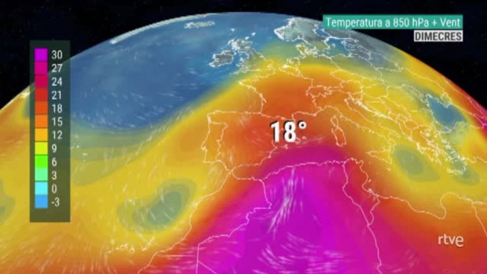 Evolució de les temperatures a 850 hPa (1.500 metres)