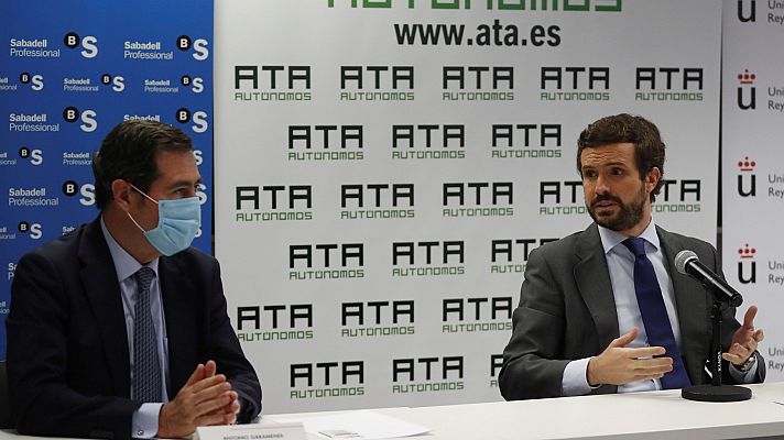 Telediario 1 - Casado critica el pacto de las pensiones ante Garamendi: "El Gobierno va a arruinar a nuestros hijos"