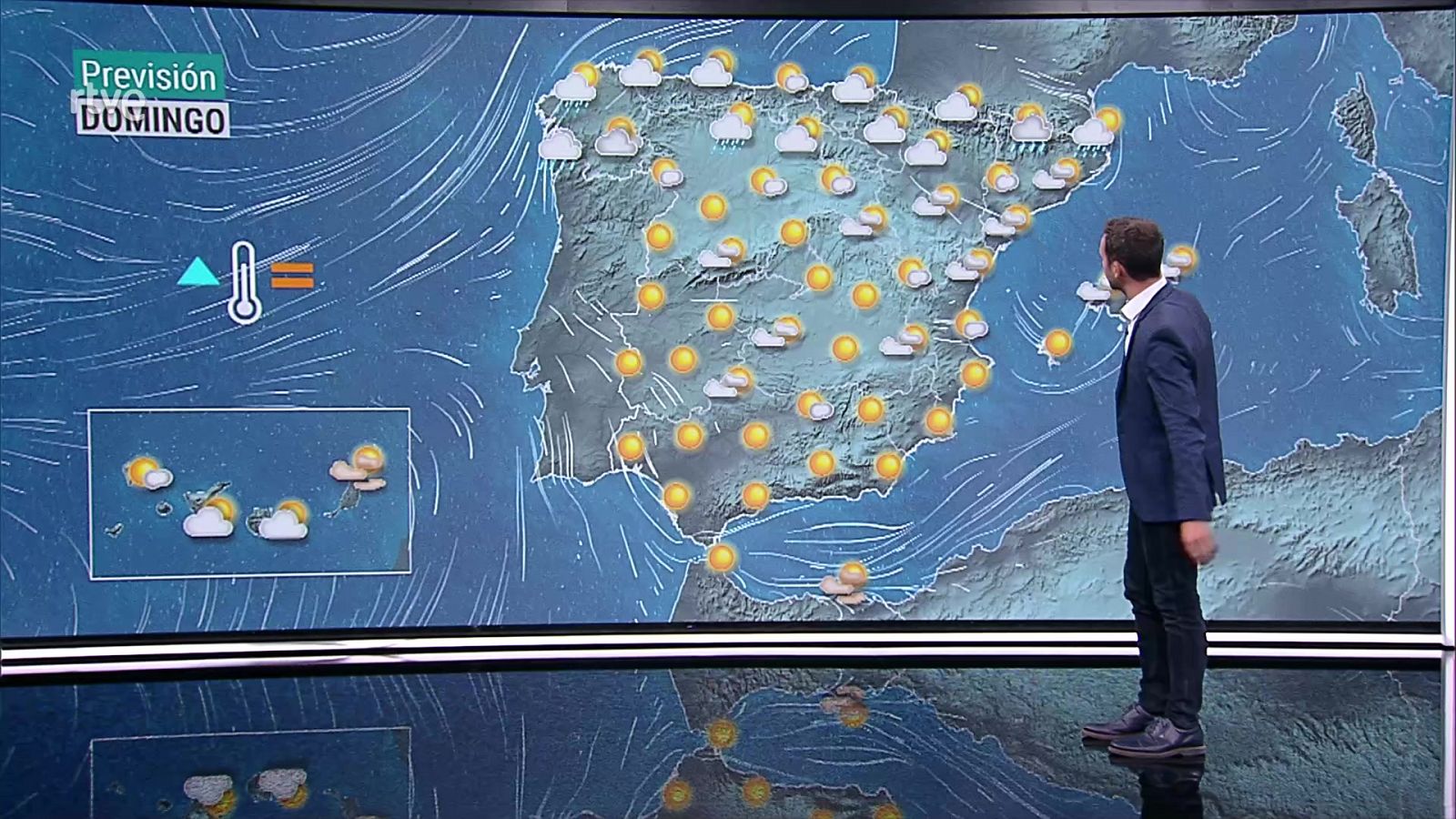 Algunos intervalos de viento fuerte en el litoral de Galicia y Canarias. Temperaturas significativamente altas en la mitad sur del área mediterránea - ver ahora