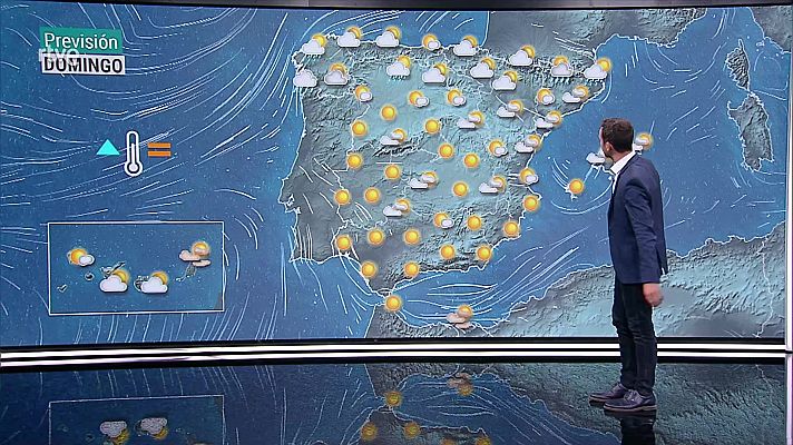 Algunos intervalos de viento fuerte en el litoral de Galicia y Canarias. Temperaturas significativamente altas en la mitad sur del área mediterránea