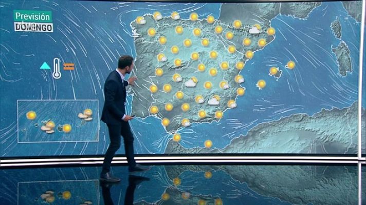 Cielos poco nubosos o despejados en la mayor parte del país. Temperaturas diurnas significativamente altas en el interior de la mitad sur y del noroeste peninsular, depresiones del nordeste y Canarias