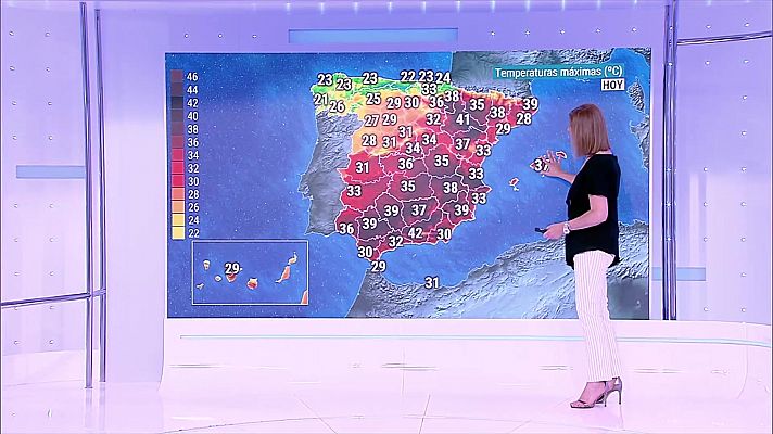 Temperaturas significativamente altas en la mitad este peninsular, valle del Guadalquivir y Baleares, alcanzándose los 40-42 grados en el valle del Ebro y sur de Valencia. Intervalos de viento fuerte en Canarias