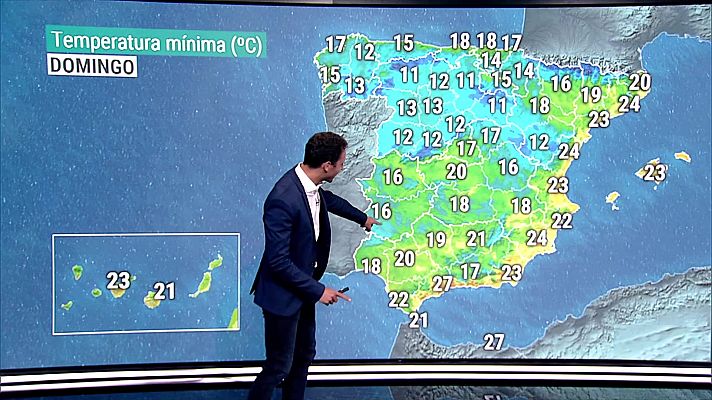 Descenso notable de las temperaturas en el valle del Ebro y Pirineos. Temperaturas significativamente altas en el sudeste peninsular y Baleares