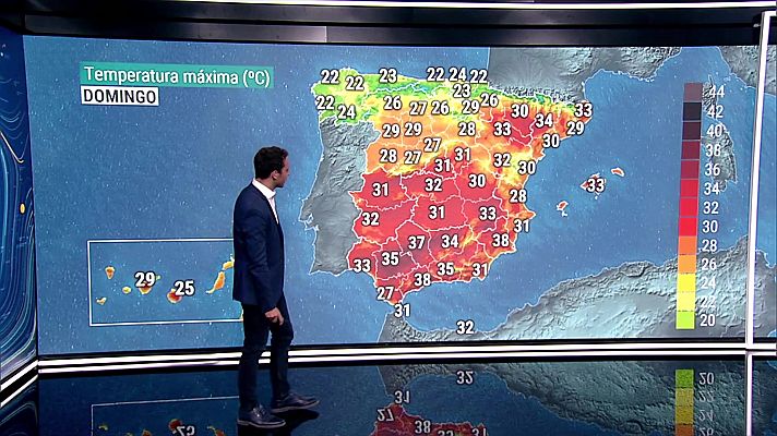 Temperaturas significativamente altas en el sudeste peninsular y Baleares, alcanzándose los 40-42 grados en interiores de Murcia y Almería y zonas de Málaga