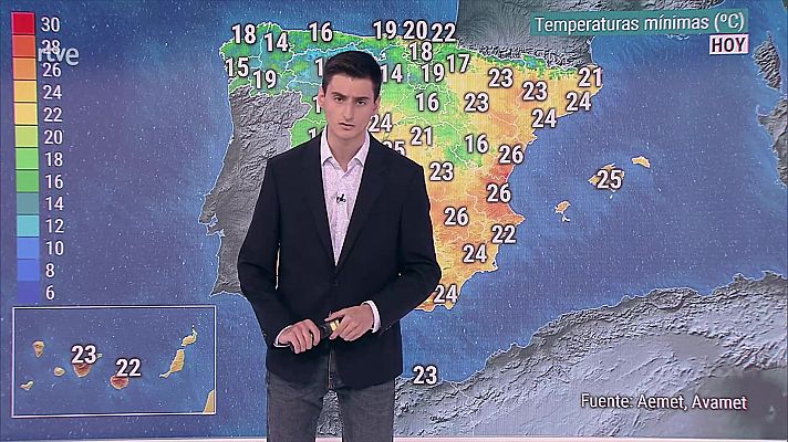 Temperaturas significativamente altas en buena parte del interior peninsular, Baleares y Canarias.  