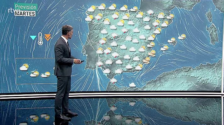 Chubascos y tormentas localmente fuertes o persistentes en zonas del noroeste peninsular, oeste del sistema Central y entorno de Pirineos
