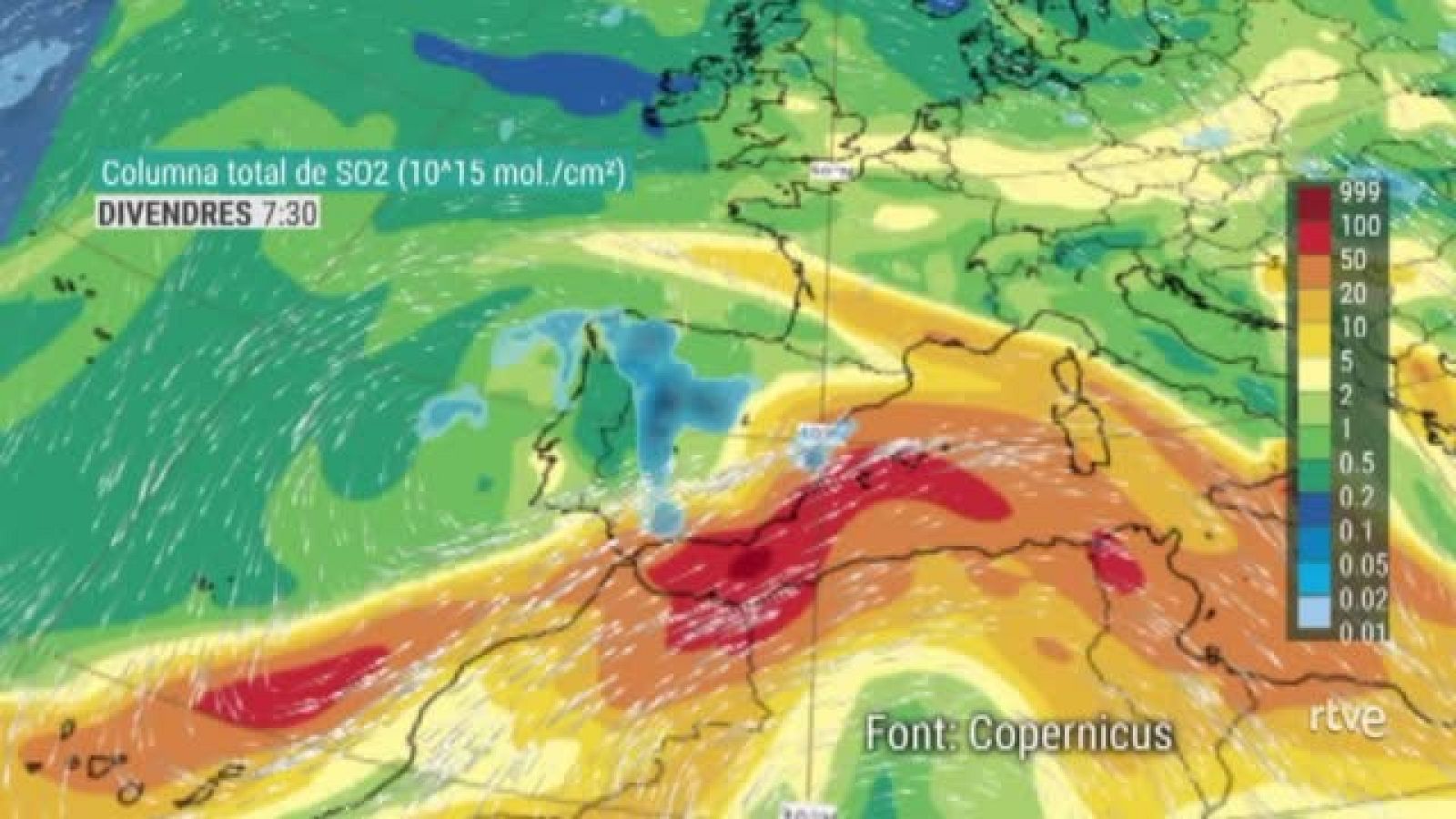 Concentracions de diòxid de sofre (SO2) | Font: Copernicus | Ver