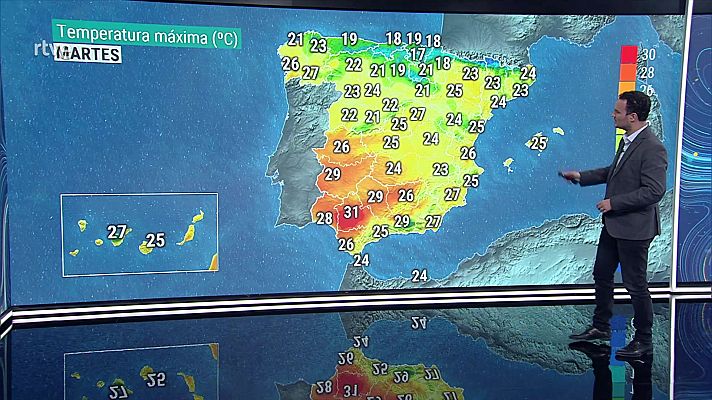 Temperaturas máximas en descenso en Galicia, Cantábrico, noreste de la Meseta e interior de Andalucía, y sin cambios o en ligero descenso en el resto de la Península