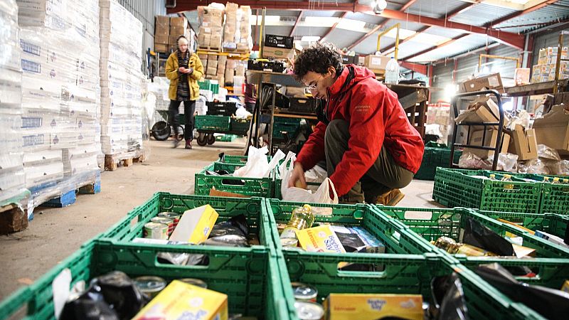 Voluntarios preparan cajas con comida