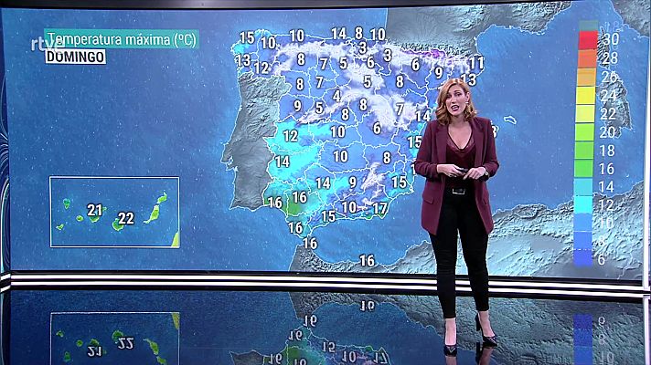 Precipitaciones localmente fuertes o persistentes en el área Cantábrica. Nevadas en cotas bajas de la mitad norte peninsular