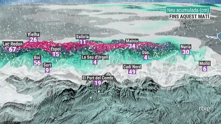 Gruix de neu acumulada al Pirineu i Prepirineu (cm)