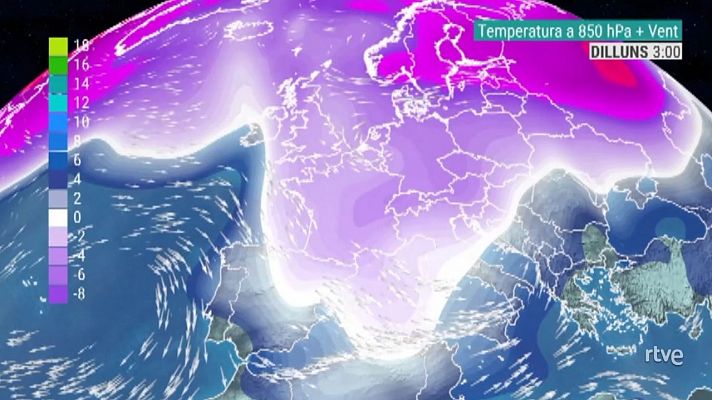 Temperatura a 850 hpa (1.500 metres) prevista pels pròxims 7 dies