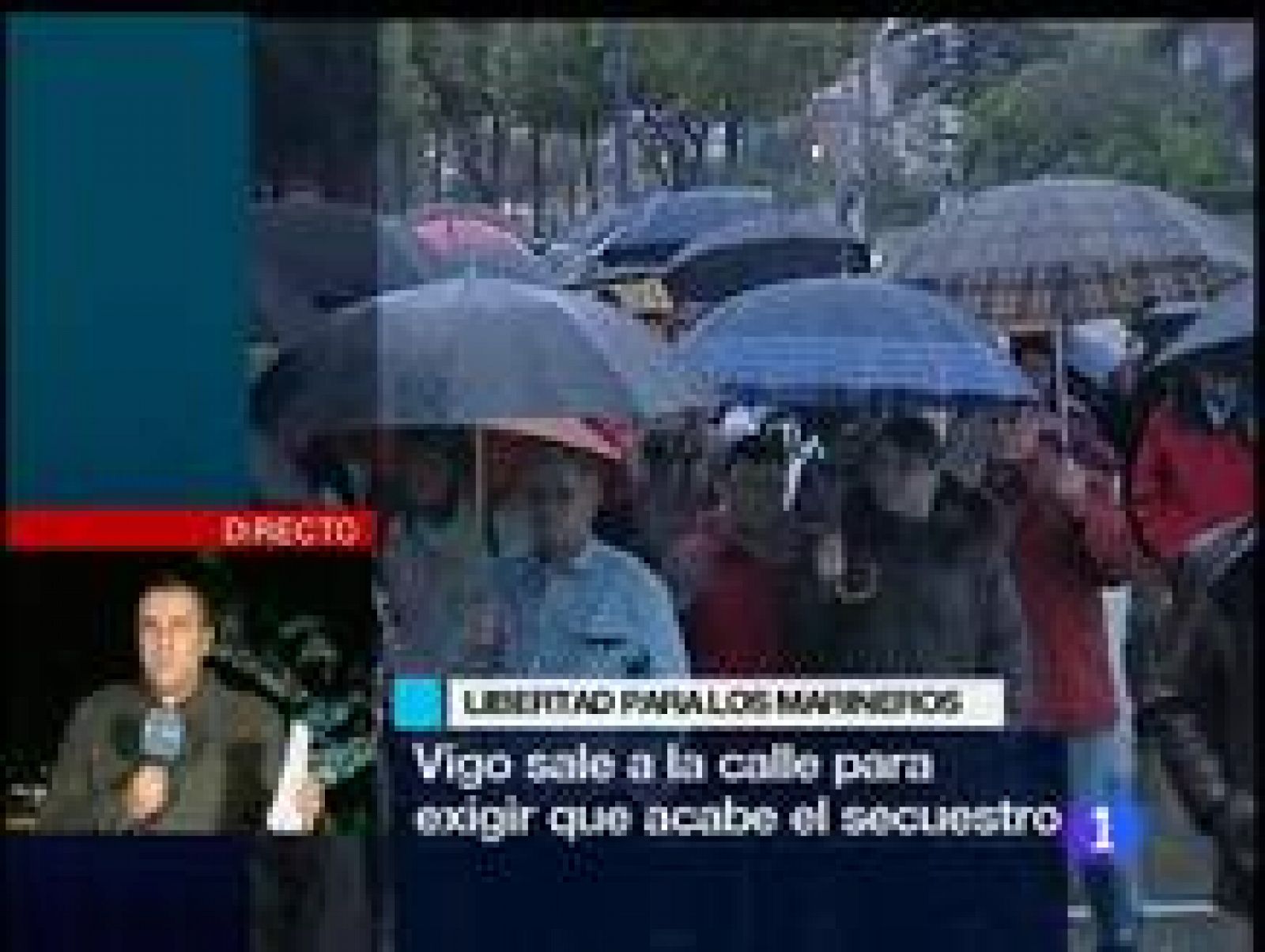 Miles de personas marchan desde la Gran Vía hasta la Plaza de América de Vigo, Pontevedra, bajo el lema: "Liberad a nuestros pescadores". Con este acto pretenden movilizar a la sociedad para que apoyen la liberación de los suyos.