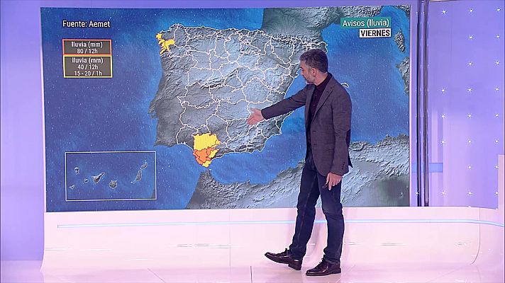 Probabilidad de precipitaciones localmente persistentes en el oeste del sistema Central y de Andalucía. Intervalos de viento fuerte del sur en el oeste de Galicia