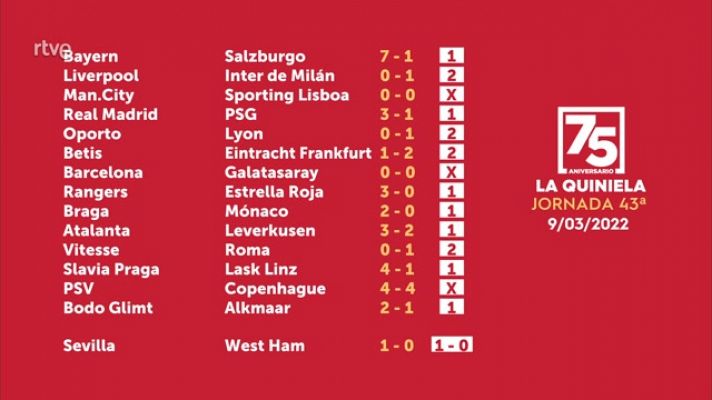 Loterías - Sorteo de la Quiniela del 11/03/22 - Jornada 43