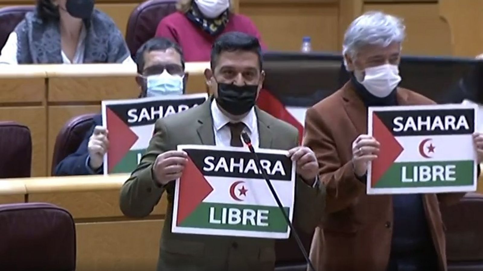 Los senadores de Compromís muestran carteles de 'Sáhara Libre'