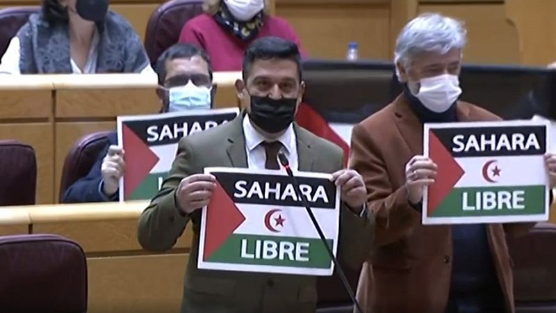 Los senadores de Compromís muestran carteles de 'Sáhara Libre' en la sesión de control al Gobierno