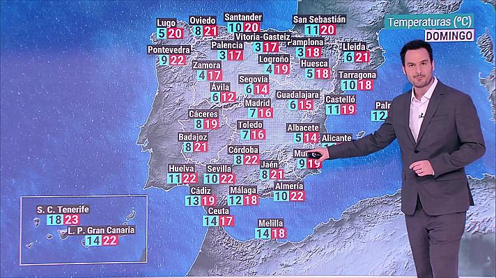 Las temperaturas diurnas aumentarán en la mitad sur peninsular y descenderán en el nordeste. En las mínimas predominarán los descensos