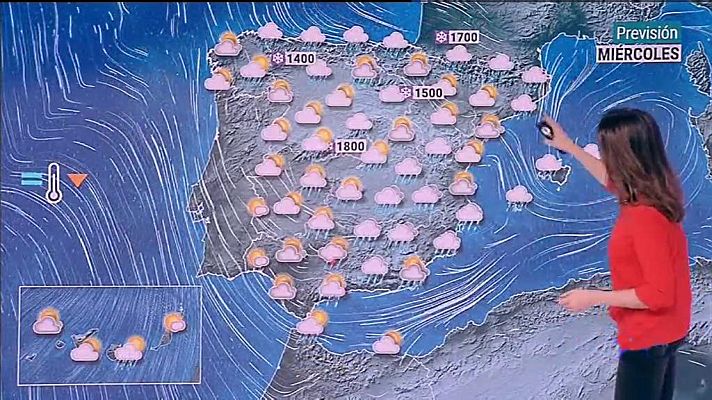 En la Península y Baleares, una borrasca atlántica poco profunda dejará cielos nubosos y precipitaciones dispersas desplazándose de suroeste a nordeste