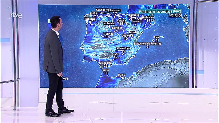 Precipitaciones localmente persistentes en el norte peninsular. Nevadas en la Cantábrica, Ibérica y Pirineos           