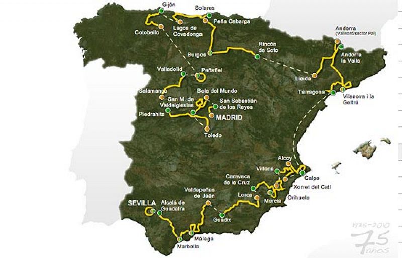 Presentación de recorrido de las etapas que tendrán lugar en la próxima edición de la Vuelta ciclista a España 2010. La prólogo nocturna de Sevilla, la vuelta a los Lagos de Covadonga o los finales inéditos de Cotobello y La Bola del Mundo, serán las