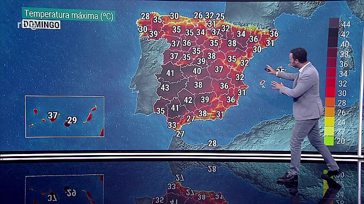 Temperaturas máximas altas en Canarias, suroeste de Galicia, noroeste de la meseta Sur, Huelva y valle del Guadalquivir