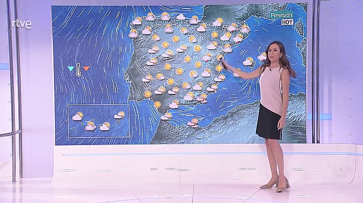 Temperaturas elevadas en litorales de Valencia y Alicante. Probables chubascos y tormentas localmente fuertes en el entorno de Pirineos, este de Cataluña y Menorca