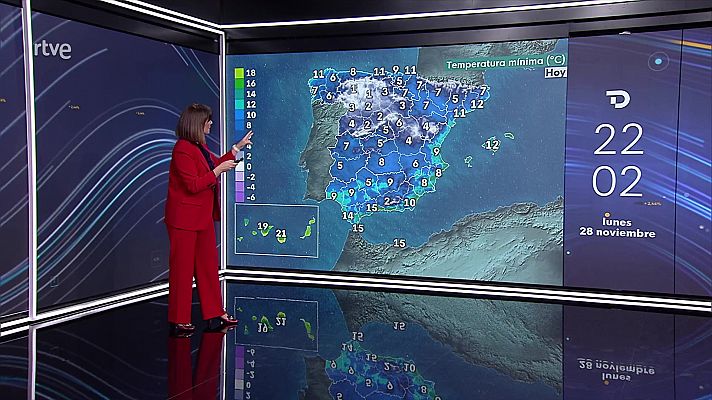 Descenso notable de las temperaturas en zonas del centro y mitad este peninsular. Viento fuerte con rachas muy fuertes en el Cantábrico, Baleares, valle del Ebro y zonas montañosas del este