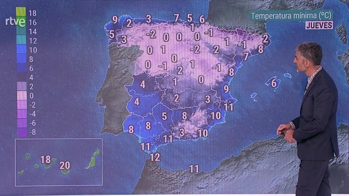 Intervalos de viento fuerte en la costa de Galicia, Ampurdán y Menorca. Heladas moderadas en Pirineos