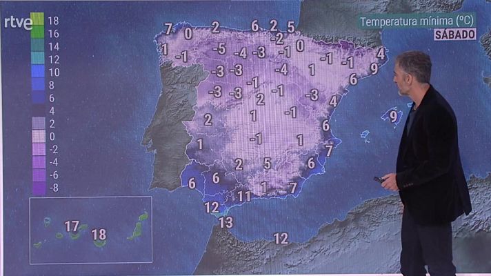 Precipitaciones localmente fuertes o persistentes en el litoral del sureste peninsular y Melilla. Heladas localmente fuertes en Pirineos