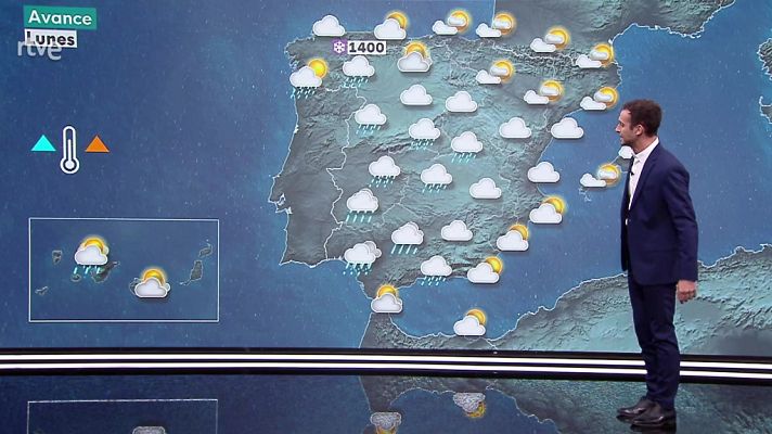 Precipitaciones localmente fuertes o persistentes de madrugada en el entorno del cabo de La Nao. Nevadas en el entorno de la cordillera Cantábrica, Pirineos y sistema Ibérico