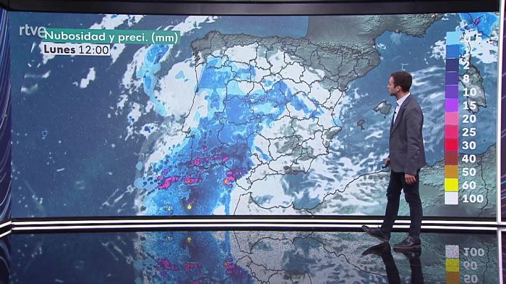 En Canarias, precipitaciones localmente fuertes e intervalos de viento fuerte. Nevadas en el entorno de Pirineos y sistema Ibérico