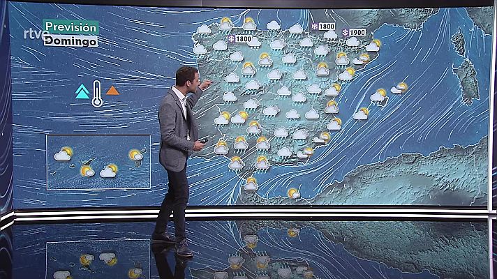 Intervalos de viento fuerte en la costa de Galicia y el entorno de la cordillera Cantábrica. Nieblas matinales en la cuenca del Ebro