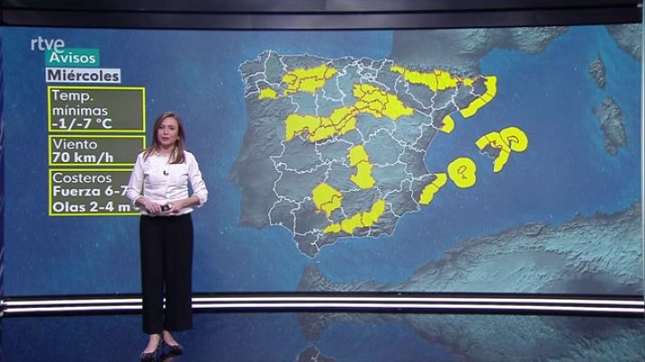 Intervalos de viento fuerte en el litoral noroeste de Galicia y Ampurdán. Heladas generalizadas en el interior, más intensas en zonas altas