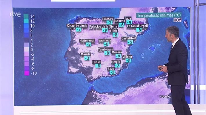 Heladas generalizadas en el interior peninsular, más intensas en zonas altas. Intervalos de viento fuerte en Ampurdán, Baleares y en La Palma