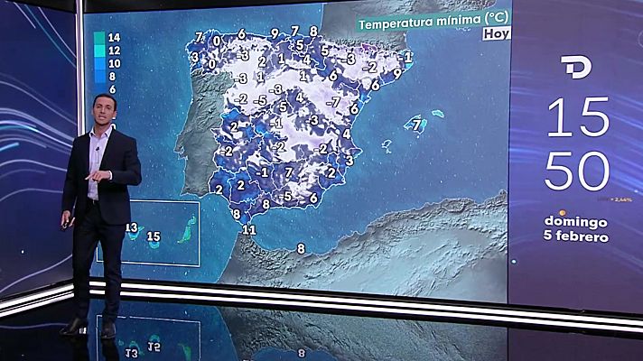 Heladas en zonas del centro, norte y sureste peninsular. Intervalos de viento fuerte en el Ampurdán, Menorca, costa de Galicia y Estrecho