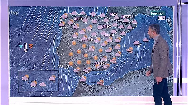 Precipitaciones localmente fuertes o persistentes en el área Cantábrica y mitad oeste de Pirineos. Nevadas en áreas montañosas de la mitad norte peninsular            