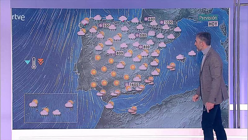 Precipitaciones localmente fuertes o persistentes en el área Cantábrica y mitad oeste de Pirineos. Nevadas en áreas montañosas de la mitad norte peninsular - ver ahora