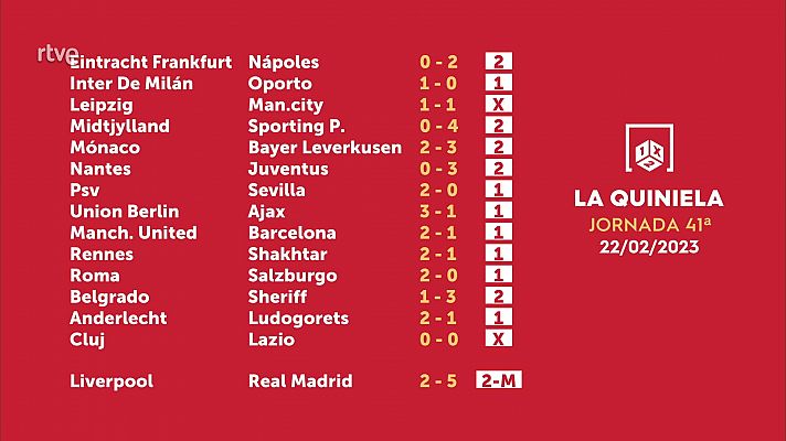 Loterías - Sorteo de la Quiniela del 24/02/2023 - Jornada 41