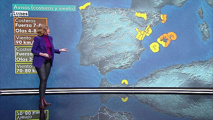 Nevadas débiles en cotas bajas del extremo norte peninsular, más importantes en el Pirineo oriental y cordillera Cantábrica         