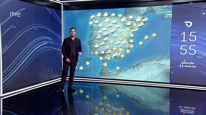 Intervalos de viento fuerte en el norte de Galicia, en puntos del tercio oriental peninsular y en Baleares. Temperaturas máximas altas