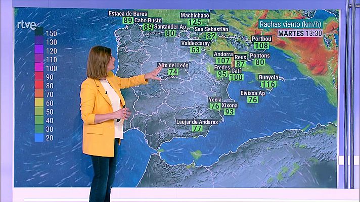 Intervalos de viento fuerte en la costa de Galicia, Cantábrico, bajo Ebro, Ampurdán, Mallorca y entorno de Alborán