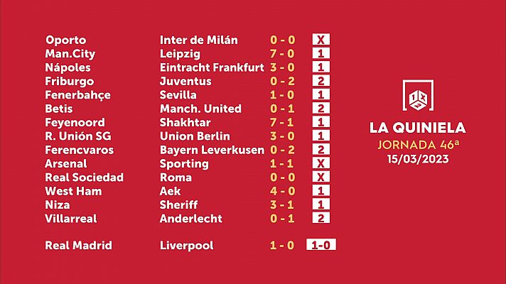 Loterías - Sorteo de la Quiniela del 17/03/2023 - Jornada 46