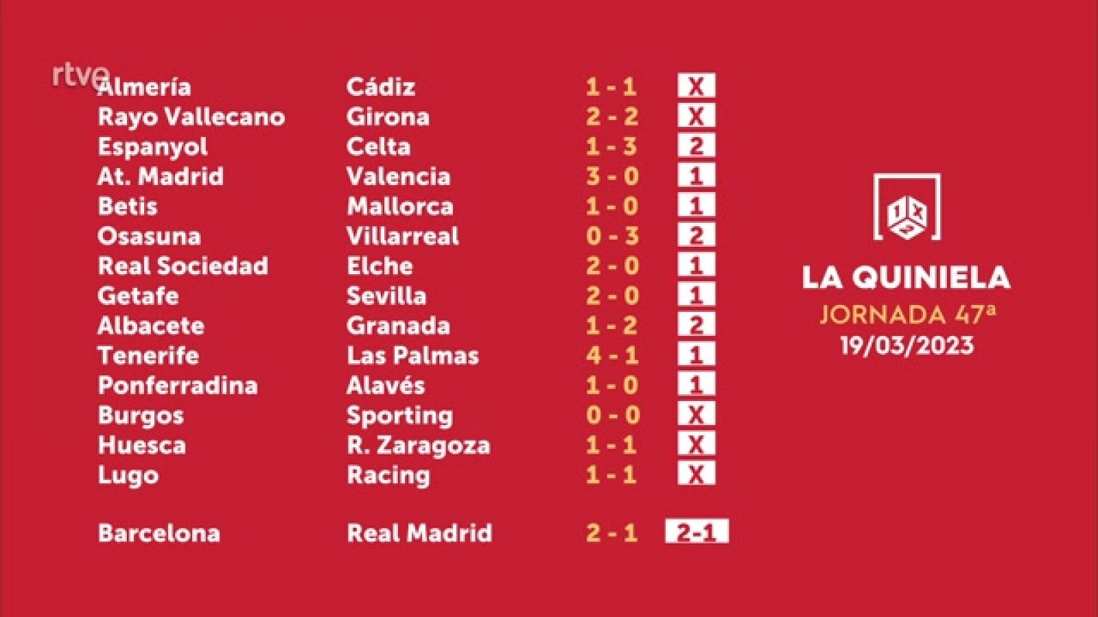 Sorteo de la Quiniela del 20/03/2023 - Jornada 47 - ver ahora