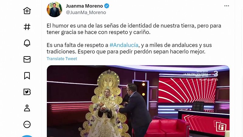 Juan Manuel Moreno tacha de "falta de respeto a Andalucía" una parodia de la Virgen del Rocío en TV3