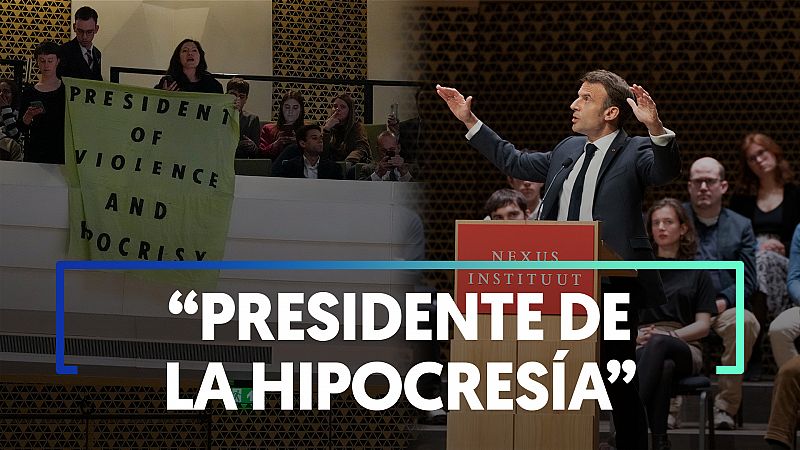 Manifestantes interrumpen un acto de Macron en La Haya, "¿Dónde está la democracia francesa?"