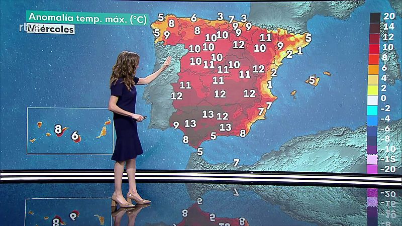 Temperaturas máximas en ascenso generalizado, superando los 34/36 grados en gran parte del interior del tercio sur peninsular - ver ahora