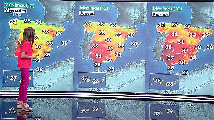 Temperaturas máximas con pocos cambios o ligeros descensos en el área mediterránea, sistema Ibérico, Cantábrico oriental y con ligeros descensos en el resto  